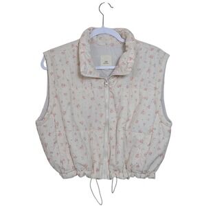 Pink White Floral Puffer Vest L Cropped Coquette Girl Winter Cottagecore Cozy
